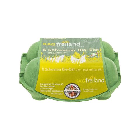 Eier Freiland KAG 6er, mit Bruderhahn-Aufzucht, Bio Knospe Schweiz