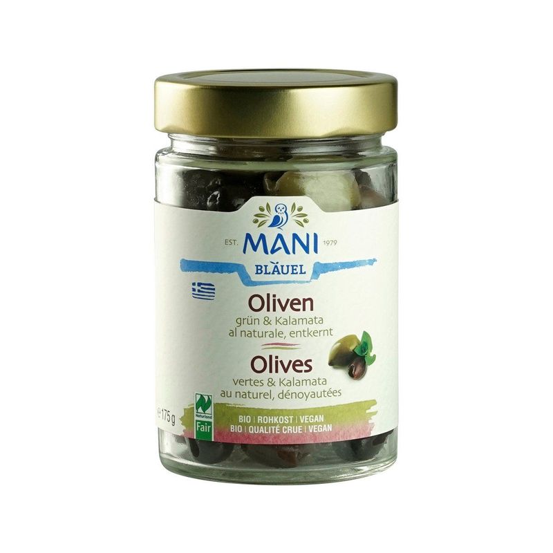 Oliven grün und Kalamata al naturale, entkernt, Rohkost, EU Bio