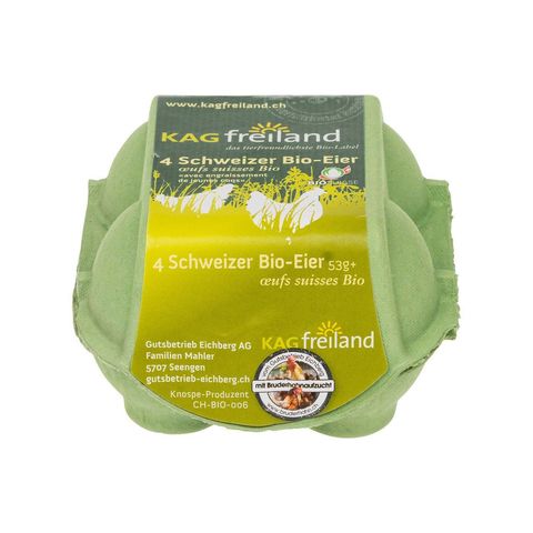 Eier Freiland KAG 4er, mit Bruderhahn-Aufzucht, Bio Knospe Schweiz
