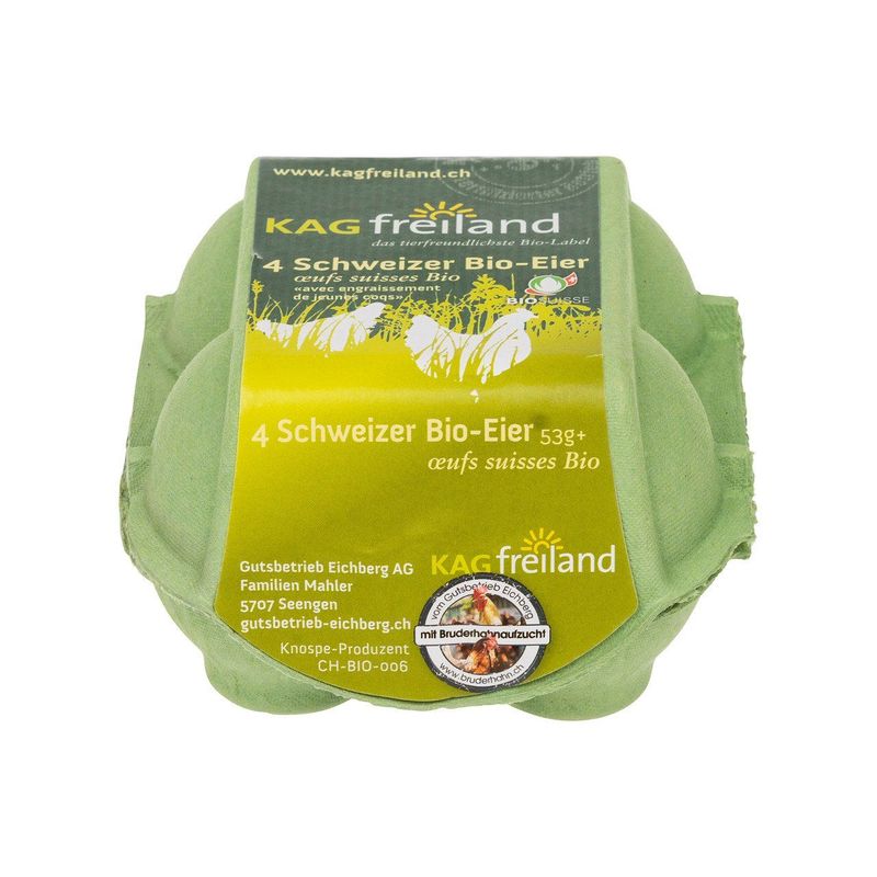 Eier Freiland KAG 4er, mit Bruderhahn-Aufzucht, Bio Knospe Schweiz