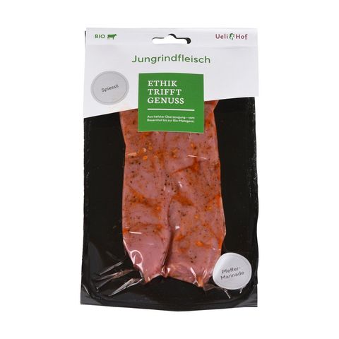 Jungrindsspiessli mit Pfeffer-Marinade, Bio Knospe Schweiz