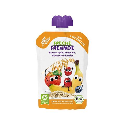 Quetschmus Banane, Apfel, Himbeere, Blaubeere mit Hafer, EU Bio
