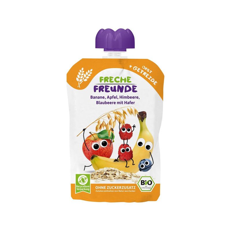 Quetschmus Banane, Apfel, Himbeere, Blaubeere mit Hafer, EU Bio