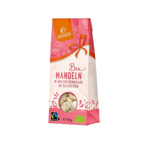 Mandeln in weisser Zitronen-Schokolade mit Rosenblüten, EU Bio/FLO-Fairtrade