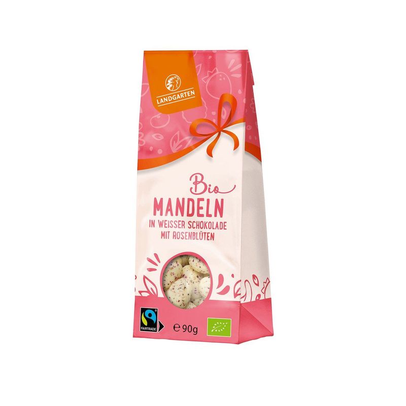 Mandeln in weisser Zitronen-Schokolade mit Rosenblüten, EU Bio/FLO-Fairtrade