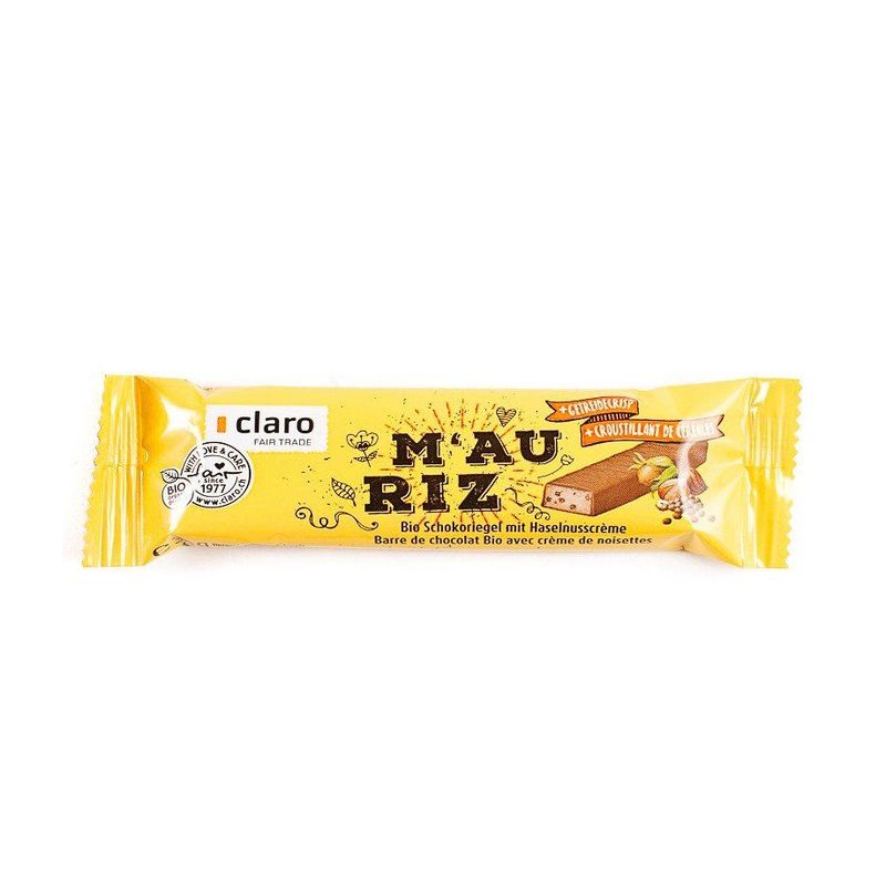 Riegel M'au Riz Choco-Getreidecrisp, Schweizer Bio-Verordnung / Fairer Handel (Claro; Hand in Hand; etc.)