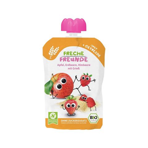 Quetschmus Apfel, Erdbeere, Himbeere mit Griess, EU Bio