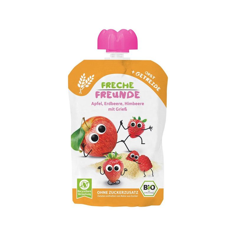Quetschmus Apfel, Erdbeere, Himbeere mit Griess, EU Bio