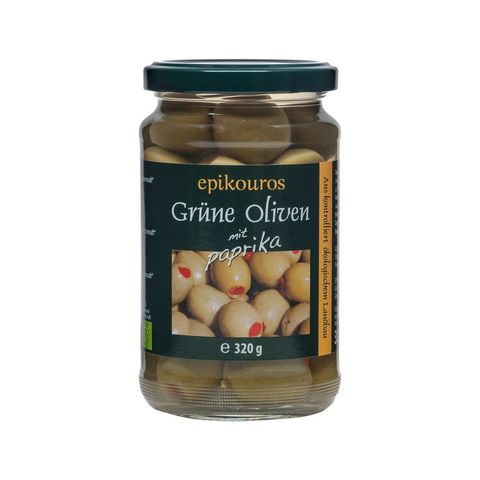 Grüne Oliven gefüllt mit rotem Paprika, EU Bio